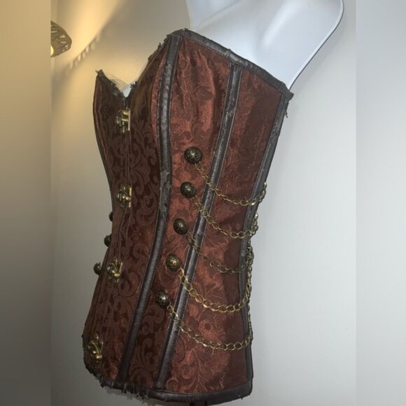 Mahogany Damask Steampunk Over-Bust Corset Top w/ Gold Accents Sz S/M - Picture 7 of 16